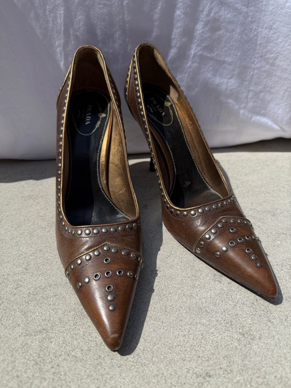 Prada Brown Studded Pointed Leather Pumps
